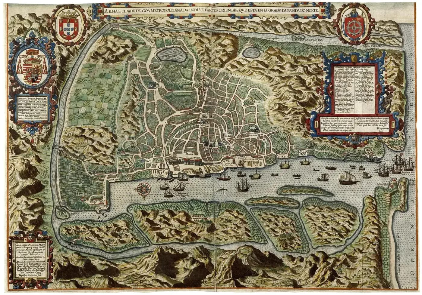 A hand-coloured bird's-eye map of an island city. Streets and churches fill the centre of the island, fields lie to the left, hills ring it, and a wide river in front is crowded with sailing ships. Coats of arms and decorative cartouches with Latin and Dutch text sit in the corners.