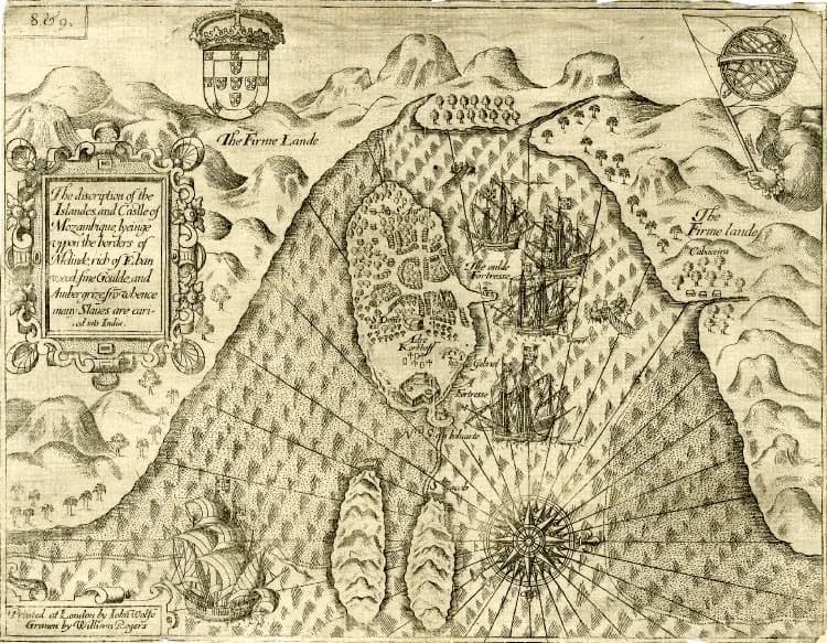 An engraved map of a small island in a bay, seen from above, with a town of houses at one end and a fortress at the other. Several large sailing ships lie at anchor beside it, a compass rose sits in the water and a crowned coat of arms tops the sheet.