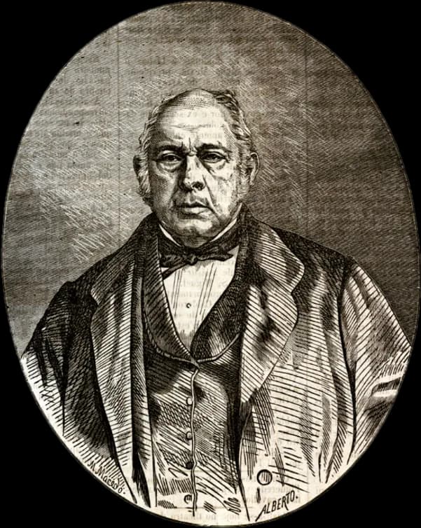 Oval printed portrait, finely hatched, of an elderly, heavy-set man with receding white hair and side whiskers, wearing a dark coat, waistcoat and bow tie.