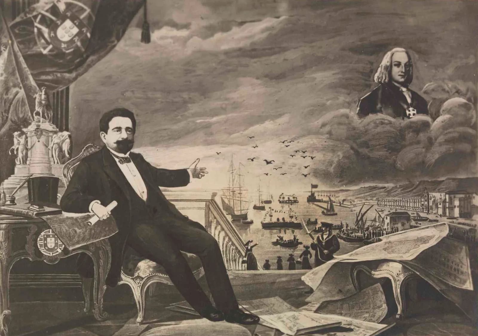A sepia illustration of a bearded man in a dark suit lounging in an ornate armchair beside a desk with a top hat and inkwell, gesturing towards a harbour where boats carry people to waiting ships. In the clouds above floats the portrait of an eighteenth-century man in a powdered wig.