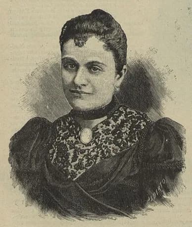 Engraved head-and-shoulders portrait of a woman in her thirties with dark hair swept up, a dark band round her throat, a patterned bodice with puffed sleeves and a cameo brooch. The engraver's signature, Alberto, is at the lower right.