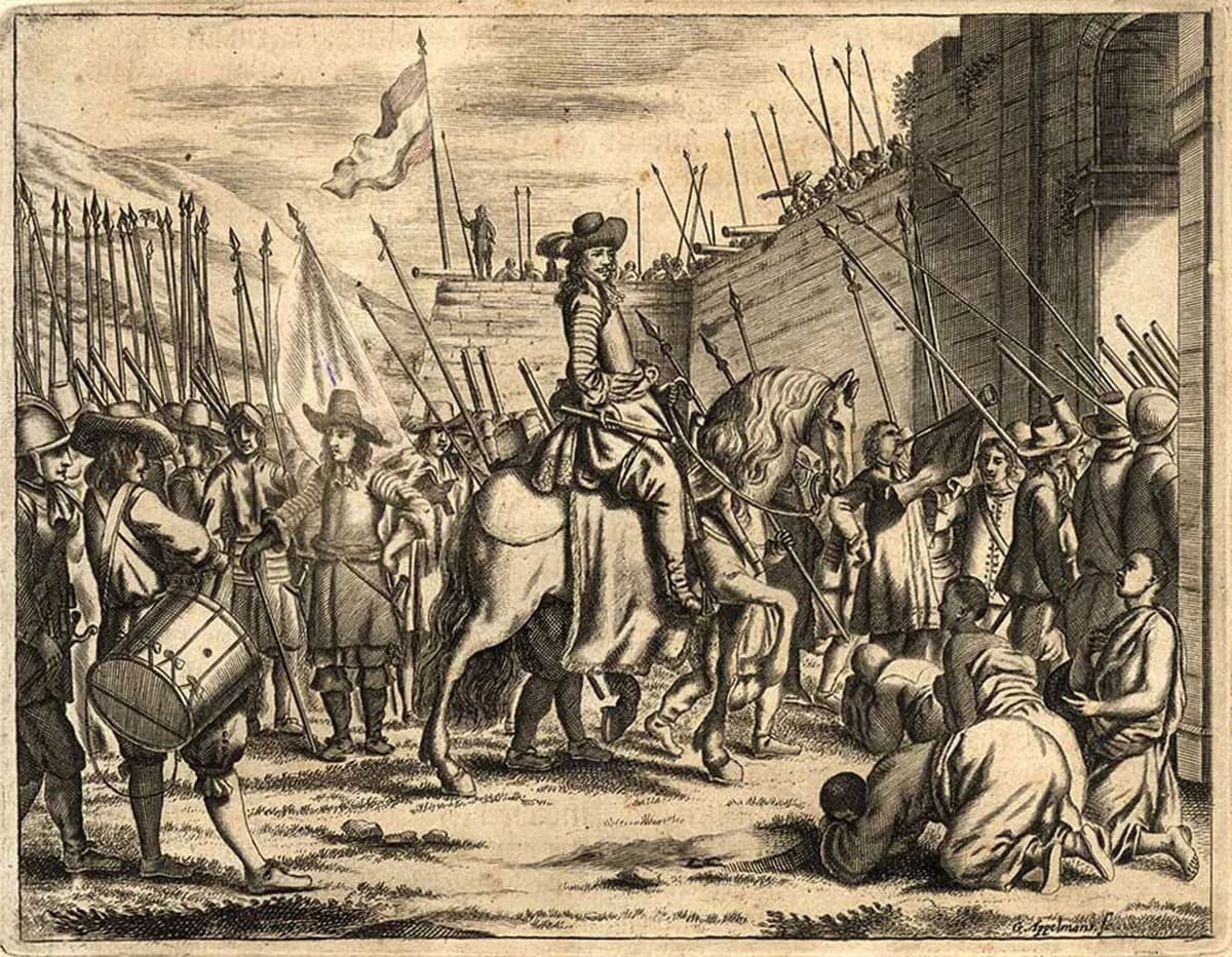 An engraving of a commander in a broad-brimmed hat on horseback outside a town wall, flanked by ranks of pikemen and a drummer; on the right, kneeling figures bow before him while soldiers stand on the ramparts under a flag.