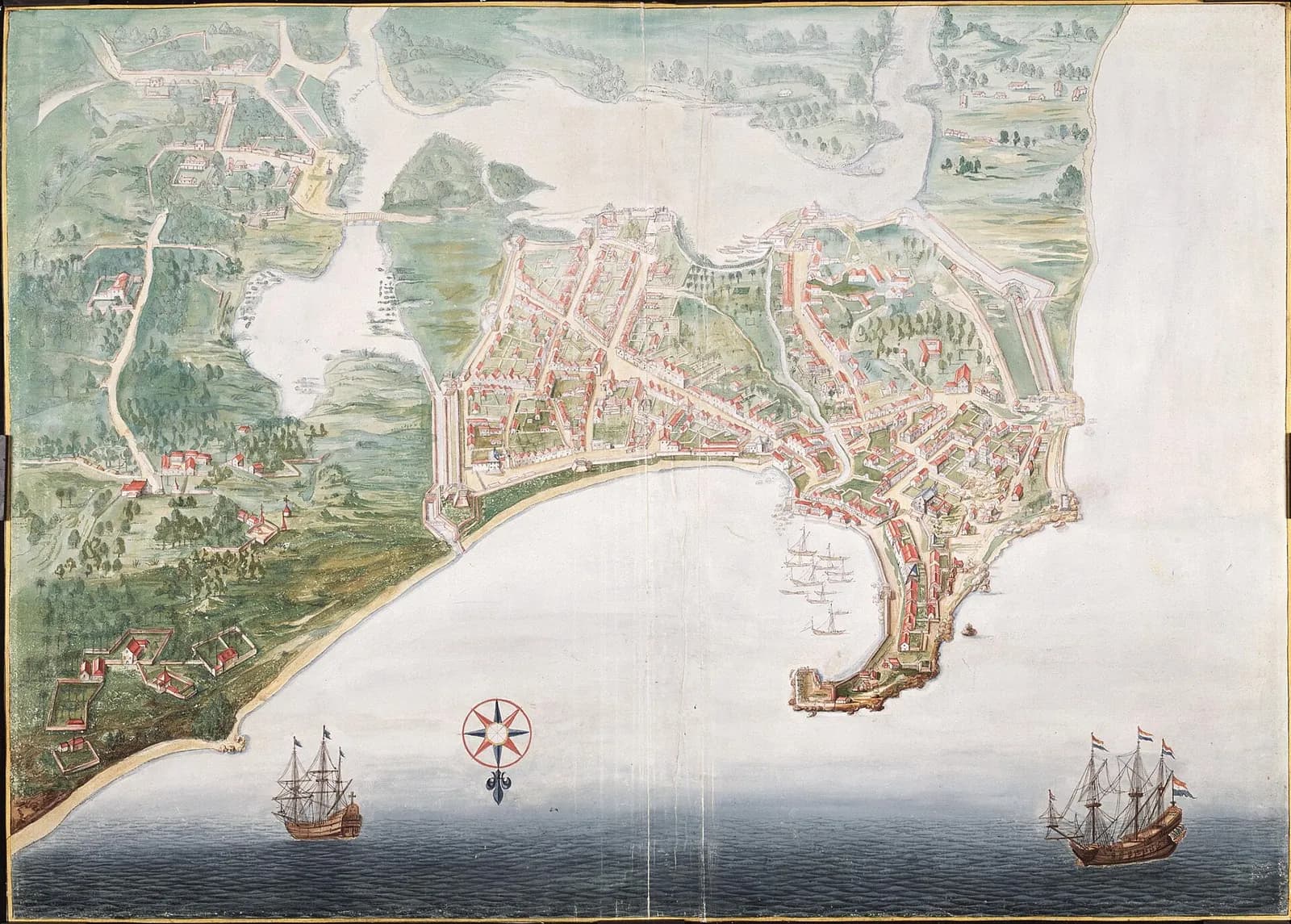 A watercolour bird's-eye view of a walled town of red-roofed houses on a curving bay, with a fortified point at the harbour, a lake and green countryside behind, and two large sailing ships, one flying Dutch flags, in the foreground sea.