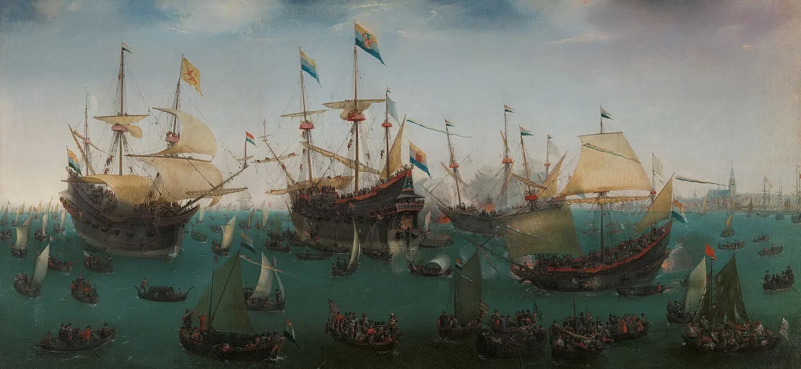 Four large sailing ships flying striped flags ride on green water, surrounded by dozens of small boats packed with people; puffs of smoke rise from saluting guns, and a low city skyline with a church tower lies on the right horizon.