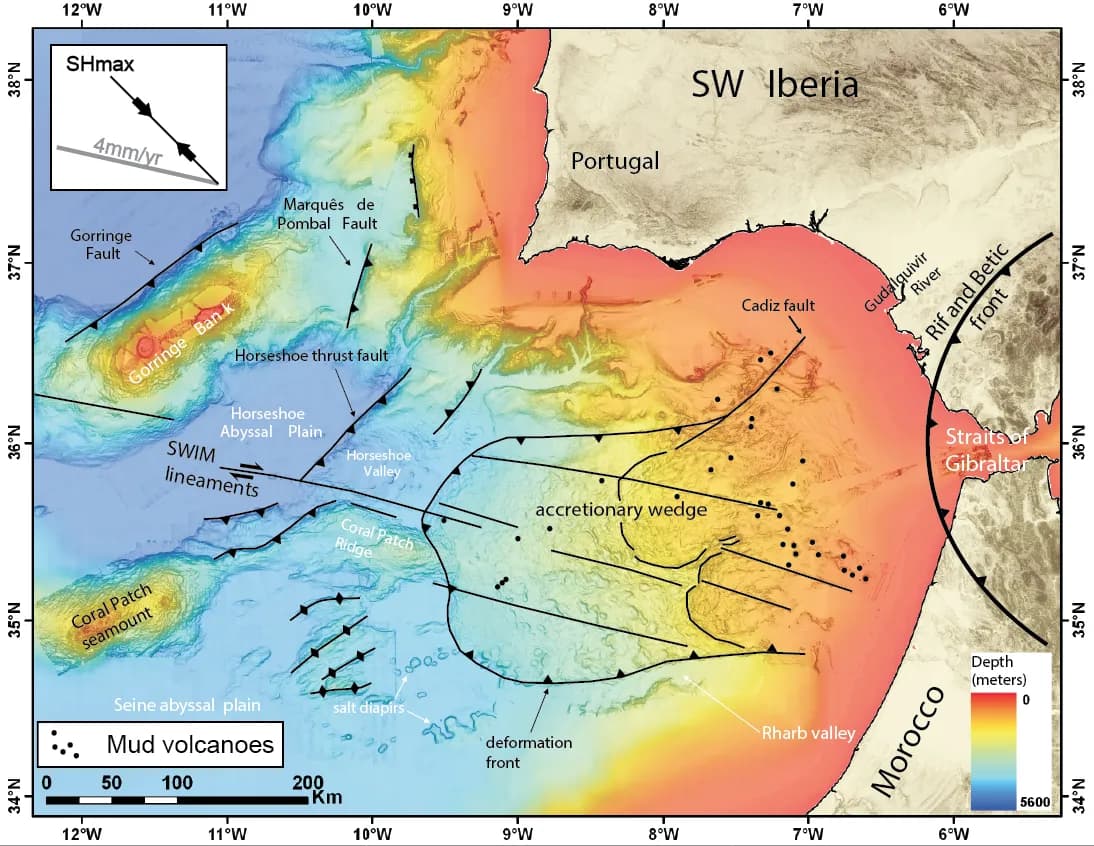 A coloured relief map of the sea floor off south-west Portugal and Morocco, deep areas in blue and shallow ones in red and yellow. Black lines with triangles mark thrust faults, labelled Gorringe Fault, Marquês de Pombal Fault and Horseshoe thrust fault, around the Gorringe Bank and the Horseshoe Abyssal Plain. An inset arrow shows convergence of 4 mm a year.