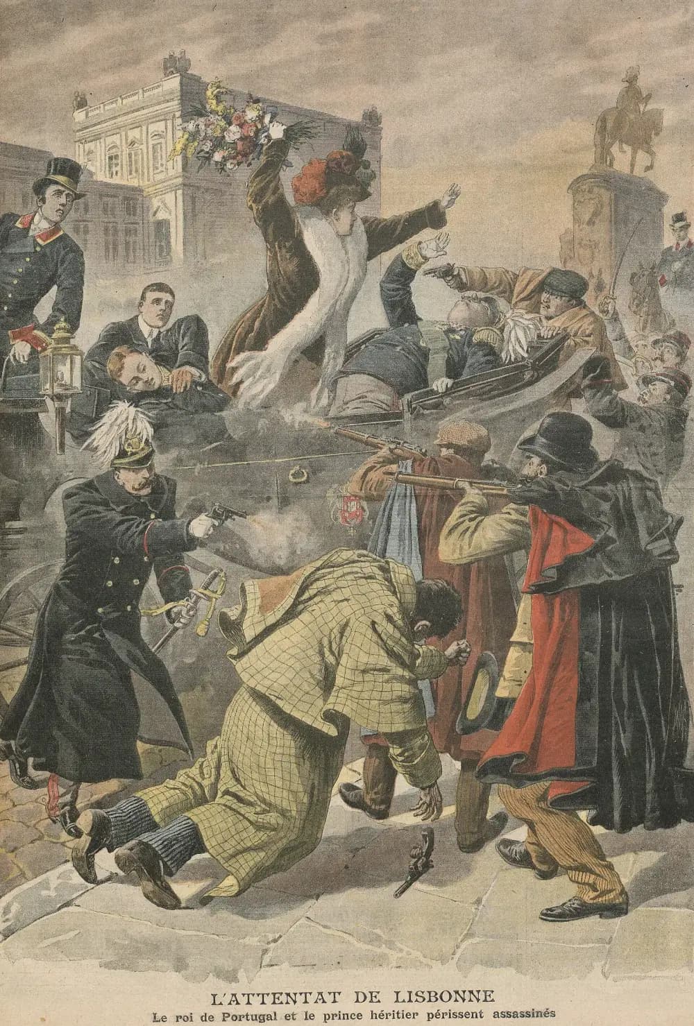 Colour print of a crowded street scene: gunmen in caps and a red-lined cloak fire rifles at an open carriage, where a woman in a fur stole raises a bunch of flowers over slumped figures, while a uniformed policeman fires a pistol from the left.