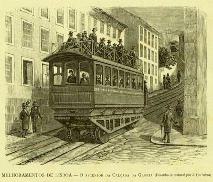 Engraving of a two-storey tramcar on a steep street lined with tall houses. Men in top hats crowd the railed upper deck and faces show at the lower windows; a few pedestrians watch from the pavement and a second car is visible higher up the slope.
