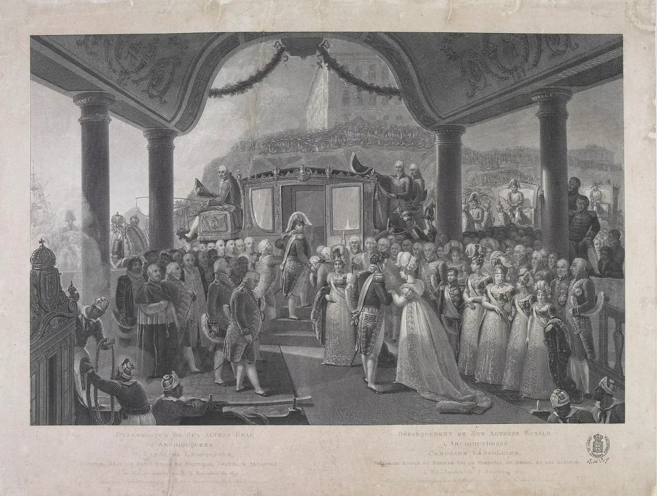An engraving of a crowded ceremony under a garlanded canopy: a young woman in a long white dress with a train faces a young man in an embroidered uniform with a sash, beside a stout older man in court dress and a woman in a plumed headdress, surrounded by courtiers, clergy and ladies, with a gilded carriage behind and crowds on a hillside beyond.