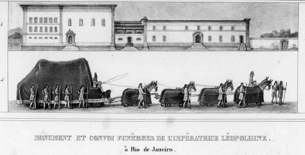 A two-part lithograph. Above, a long white two-storey building with arched doorways. Below, a large hearse draped in black cloth is drawn by four draped mules, led and escorted by men on foot carrying staffs, with a rider on the leading mule.