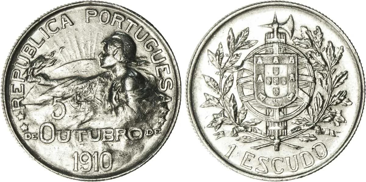 Both faces of a silver coin. On the left, a female figure leans forward holding a branch, with the words República Portuguesa, 5 de Outubro and 1910. On the right, the Portuguese arms on an armillary sphere inside a wreath, above the words 1 Escudo.