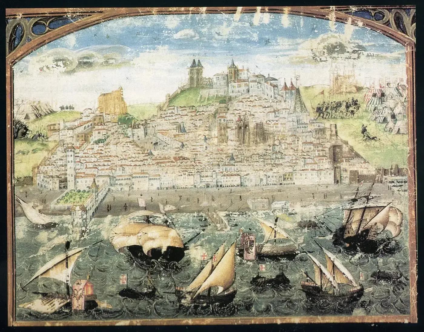 A painted view of a walled city of white houses climbing a hill to a castle, seen across a river crowded with sailing ships and caravels flying flags with red crosses.