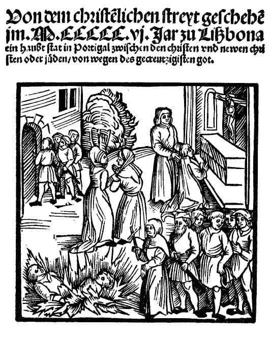 Woodcut title page with German black-letter text above a scene of bodies burning on a pyre, men and women being led towards it, and a crucifix on an altar inside a church at the right.