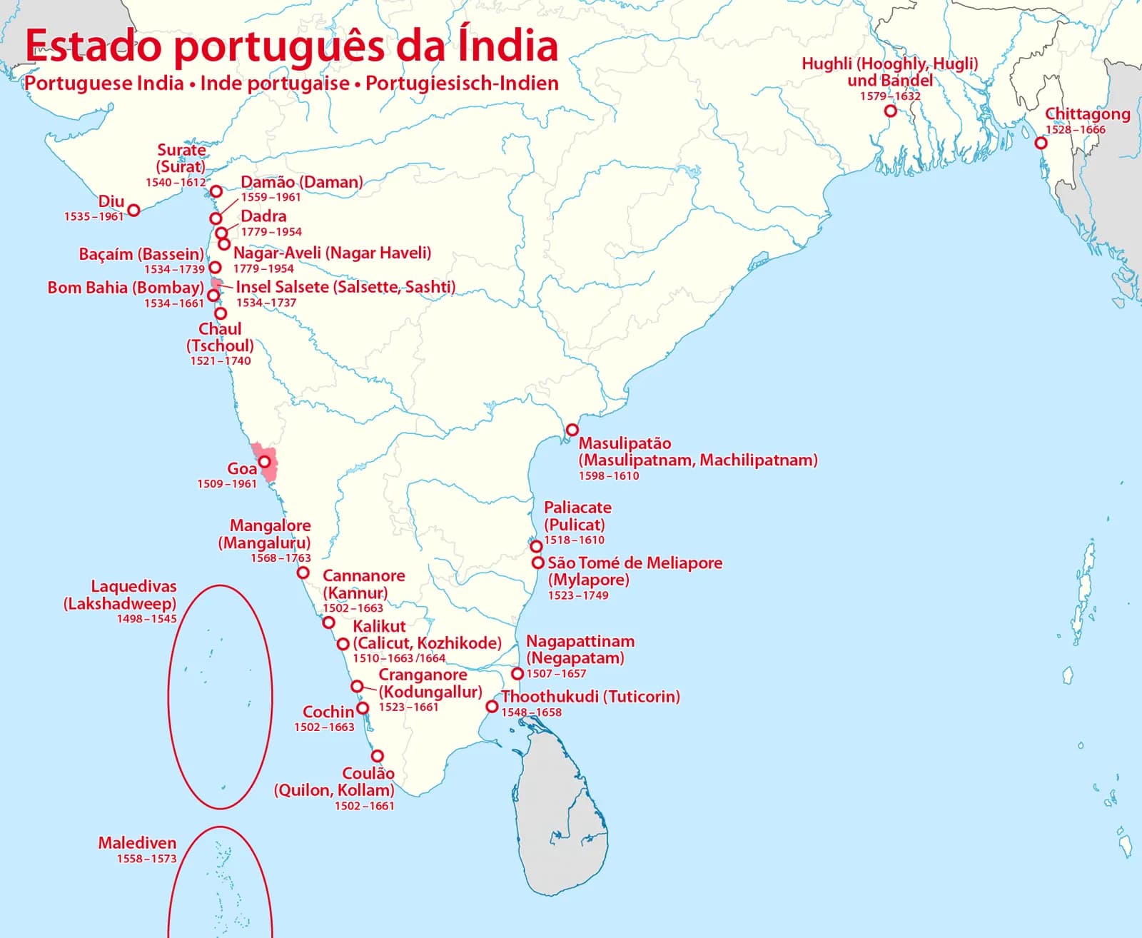 Map of the Indian subcontinent with red circles marking more than twenty former Portuguese settlements along the coasts, each labelled with its name and years of Portuguese rule. Goa is shaded in pink on the west coast, with Daman, Diu, Dadra and Nagar Haveli further north.
