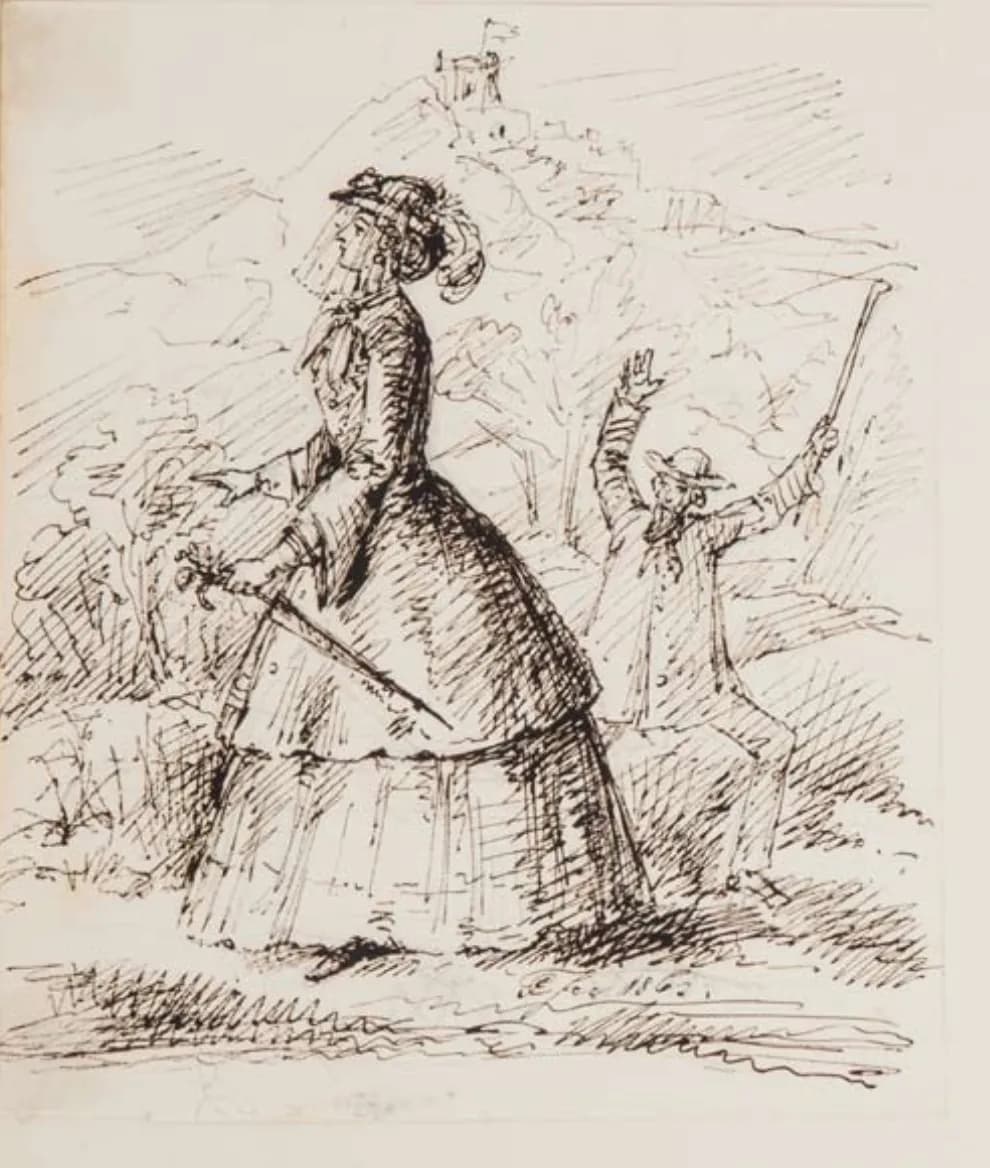 Pen-and-ink sketch of a tall woman in a long dress, plumed hat and veil, striding forward with a closed parasol, while behind her a small bearded man in a hat waves his arms and a stick. A hilltop with a castle rises in the background.