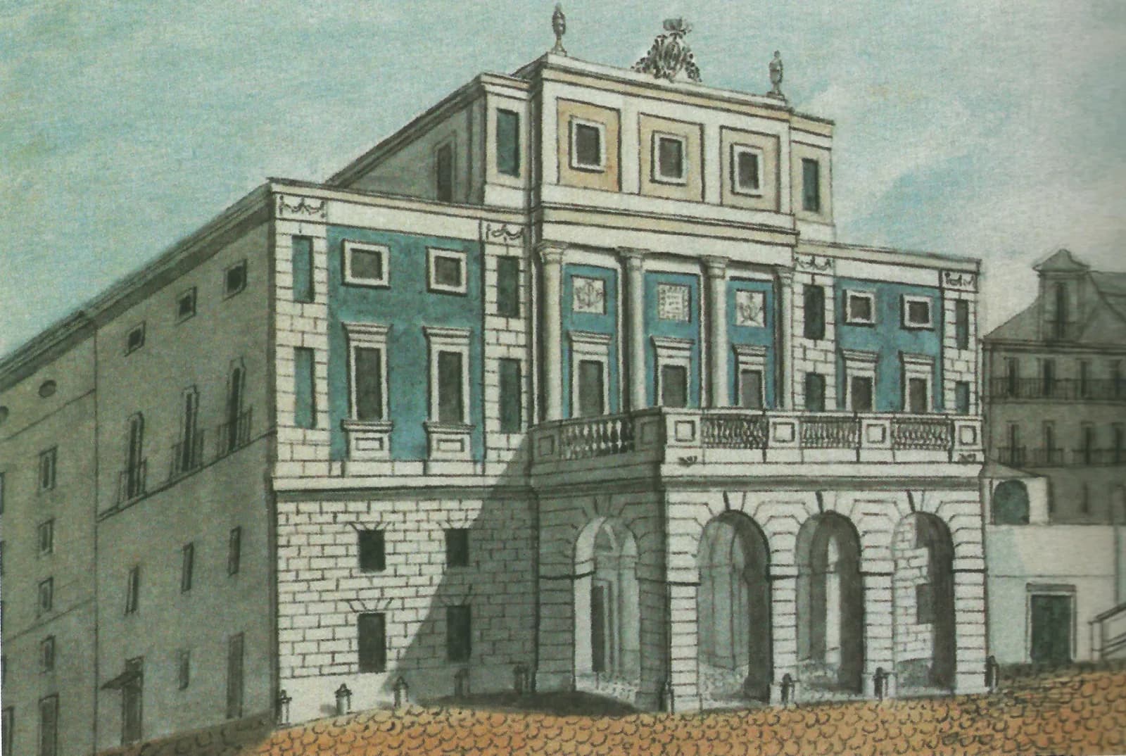 Hand-coloured drawing of a large neoclassical building with pale blue panels. Its entrance front has three round arches at ground level, a long balustraded balcony above them, columns framing the upper windows and a carved crest between two urns on the roofline.