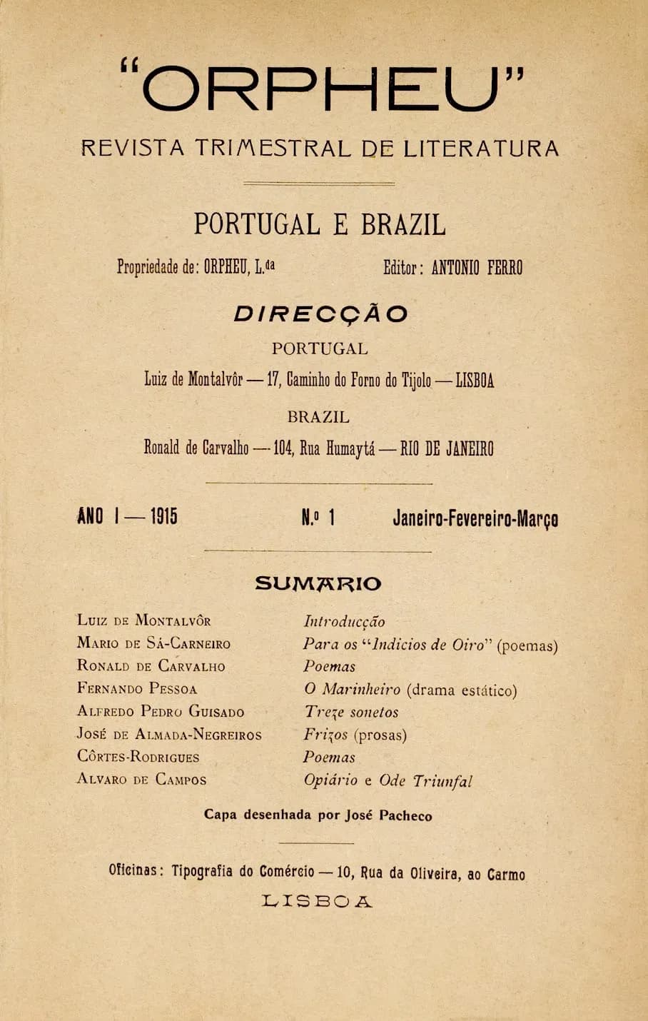 A printed title page reading Orpheu, Revista trimestral de literatura, Portugal e Brazil, Ano I 1915, No. 1, with a list of contents naming Fernando Pessoa's O Marinheiro and Álvaro de Campos's Opiário and Ode Triunfal.