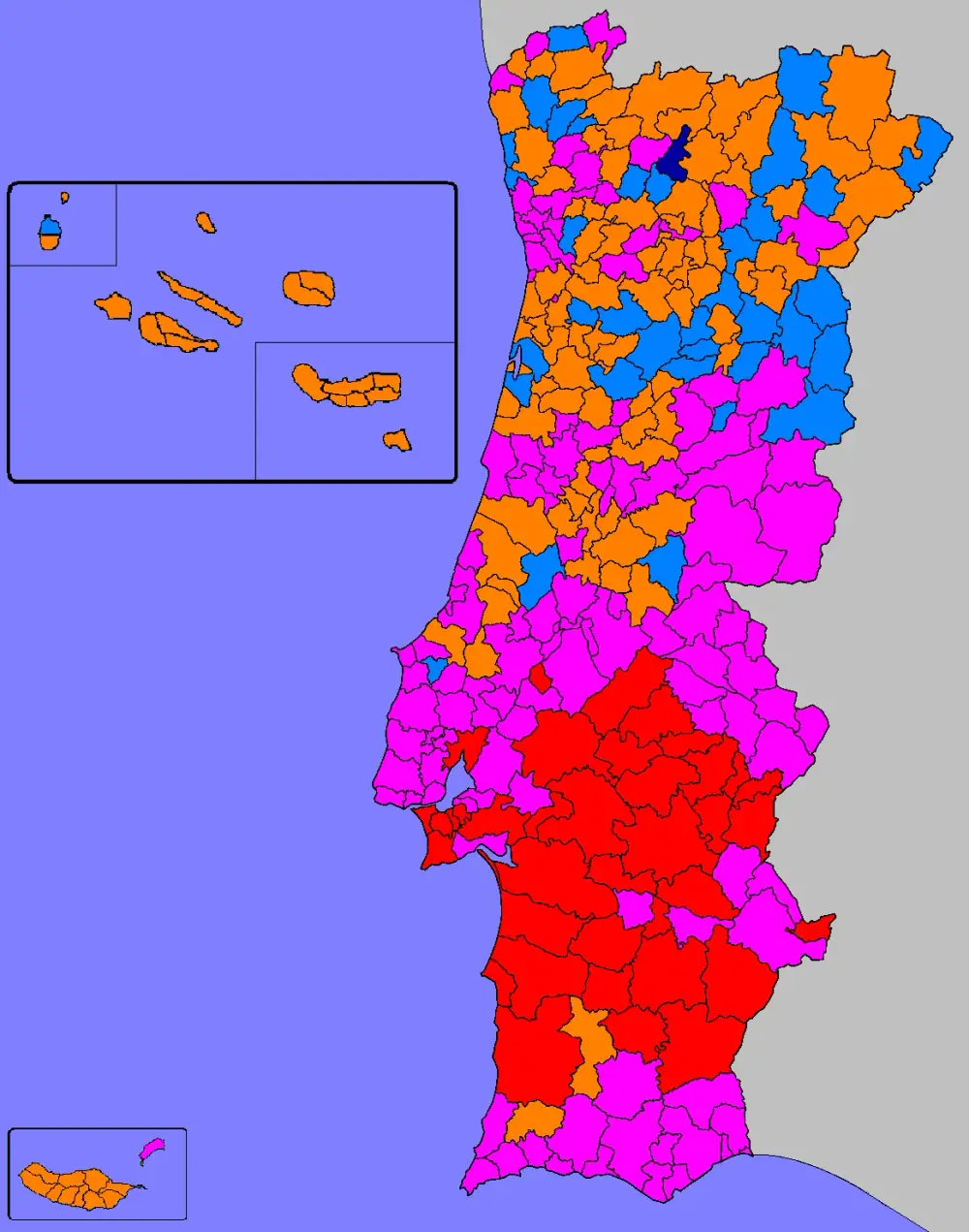 A map of mainland Portugal, the Azores and Madeira divided into municipalities and coloured by party. Most of the Alentejo and the Setúbal peninsula are red, the centre, Lisbon area and Algarve pink, and the north and both island groups mostly orange with patches of light blue.
