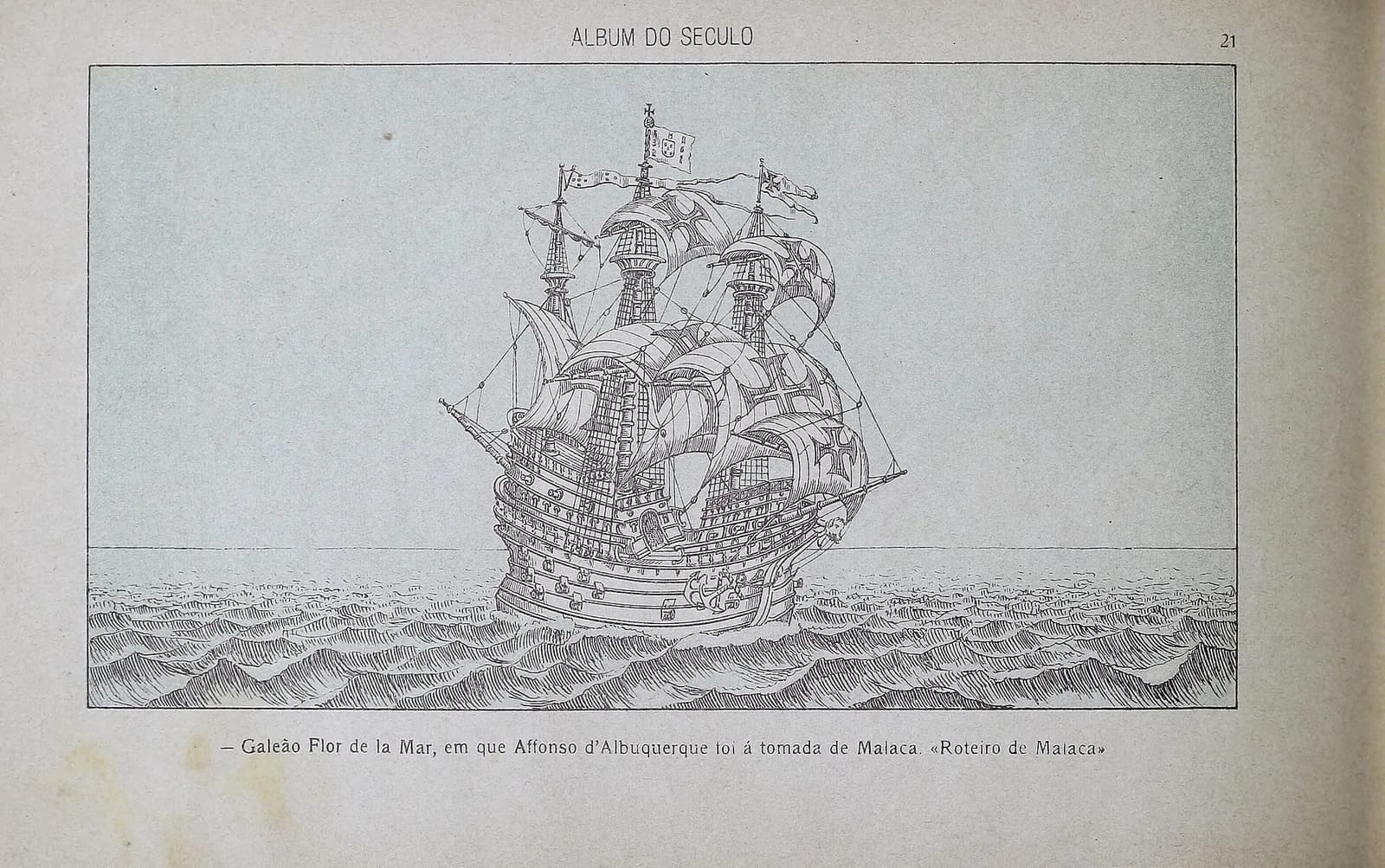 A printed page showing a pen drawing of a tall, high-sided ship with several masts under full sail on choppy water, its sails marked with crosses and pennants flying from the mastheads. A caption runs beneath the picture.