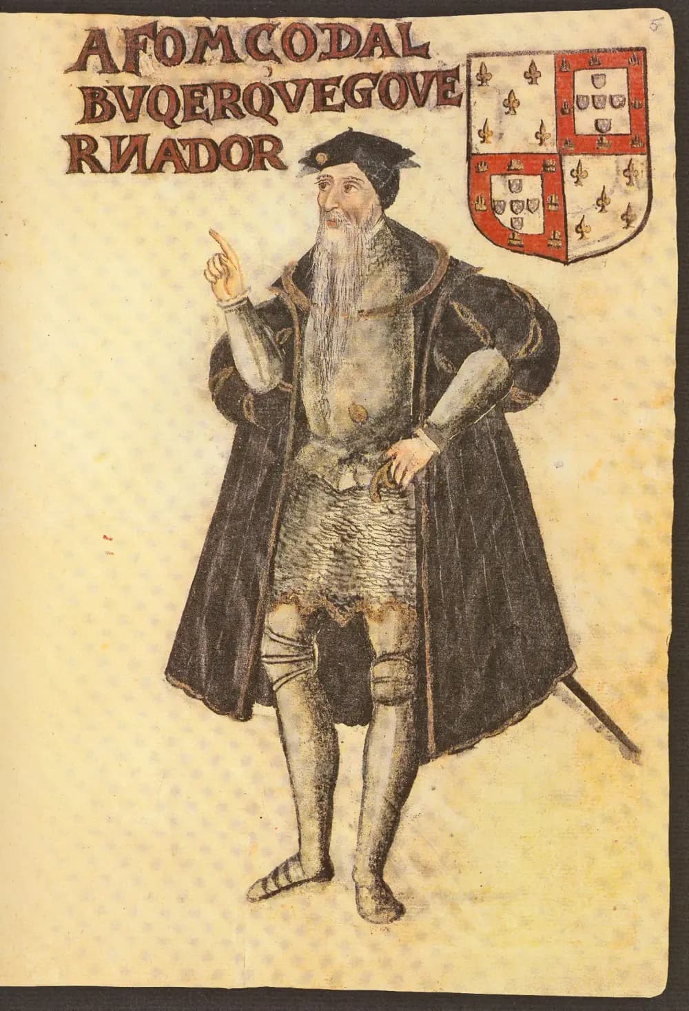 A painted full-length portrait of an old man with a long white beard, a black cap and a long black cloak over grey armour, his right hand raised with one finger pointing up and his left hand on his hip. A coat of arms is at top right and large dark red lettering at top left.