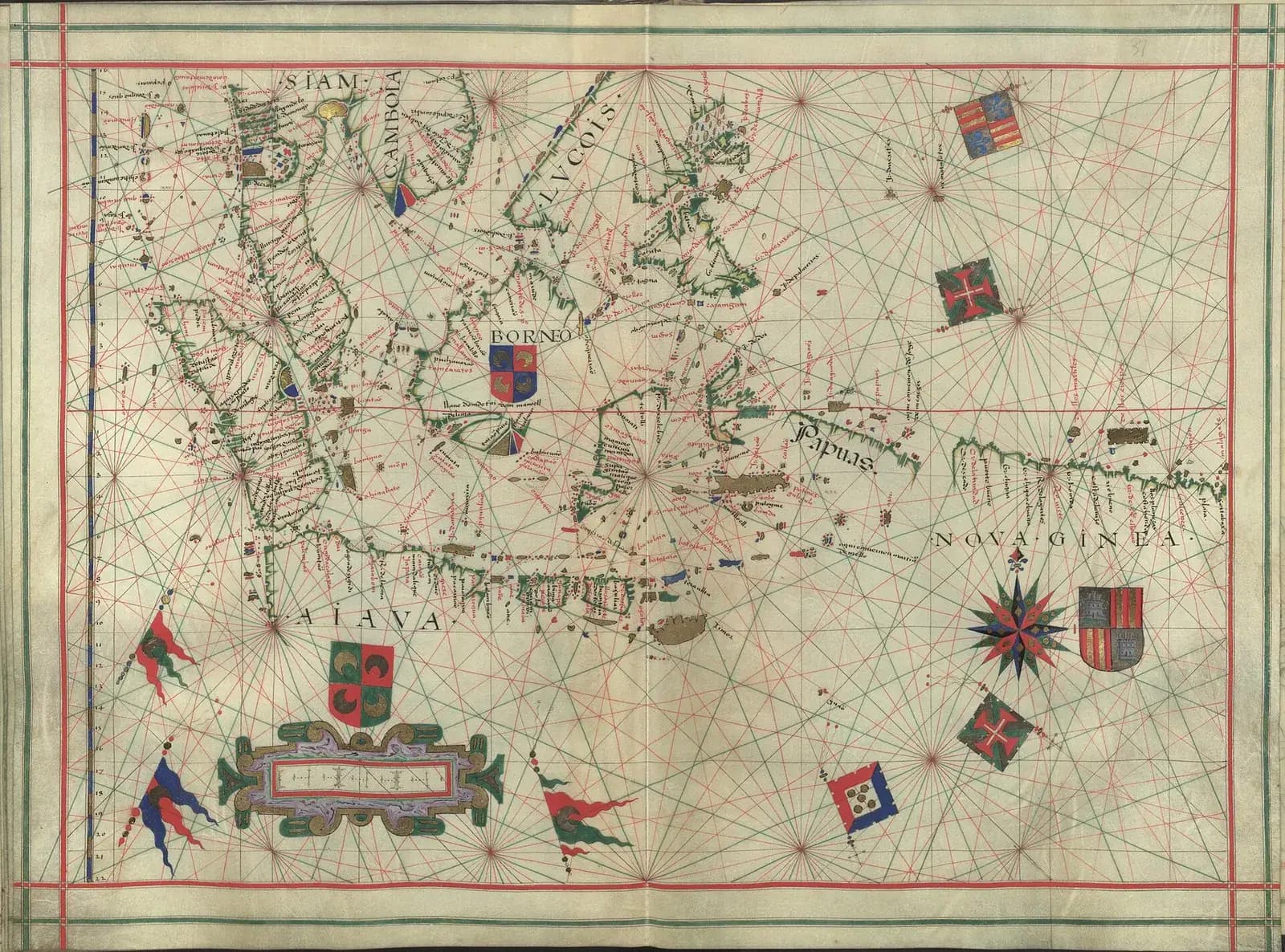 A hand-painted sea chart criss-crossed by red and green compass lines, showing coastlines dotted with place names, with Siam and the Malay peninsula at top left, Borneo in the centre, Java along the bottom and New Guinea at right, decorated with flags and coats of arms.