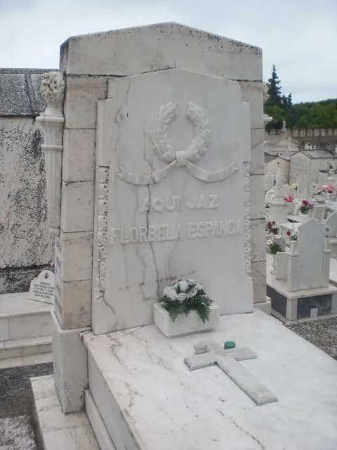 A white marble tomb with a tall headstone carved with a laurel wreath and the words Aqui jaz Florbela Espanca, with a small vase of flowers and a marble cross lying on the slab.