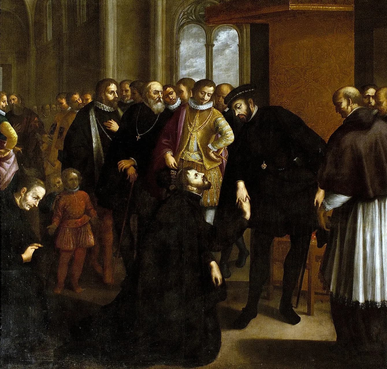 A dark oil painting of a crowded palace hall. A priest in a black cloak kneels and takes the hand of a bearded king in black with a flat black cap, who bends towards him. Courtiers in ruffs and gold-trimmed armour, a small boy in red and clergy in white surplices stand around them.