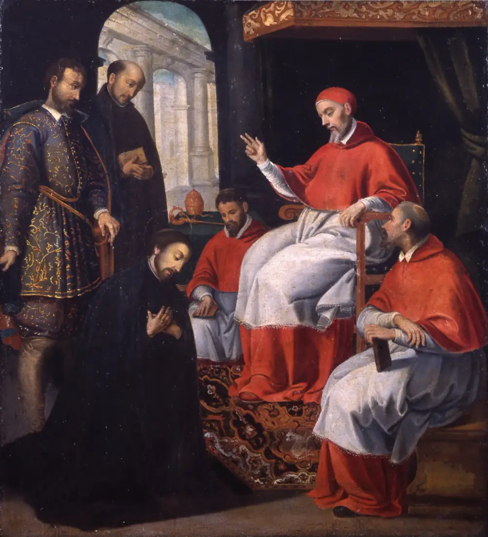 An oil painting of an elderly pope in a red cape and white rochet, seated under a canopy with two cardinals in red, raising his hand in blessing over a bearded priest in black who kneels with his hands crossed on his chest. Behind the priest stand a bald priest holding a book and a nobleman in a gold-embroidered coat.