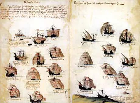 A double page of a manuscript book with rows of small painted sailing ships, each labelled with a name in brown ink, under a few lines of handwritten text.