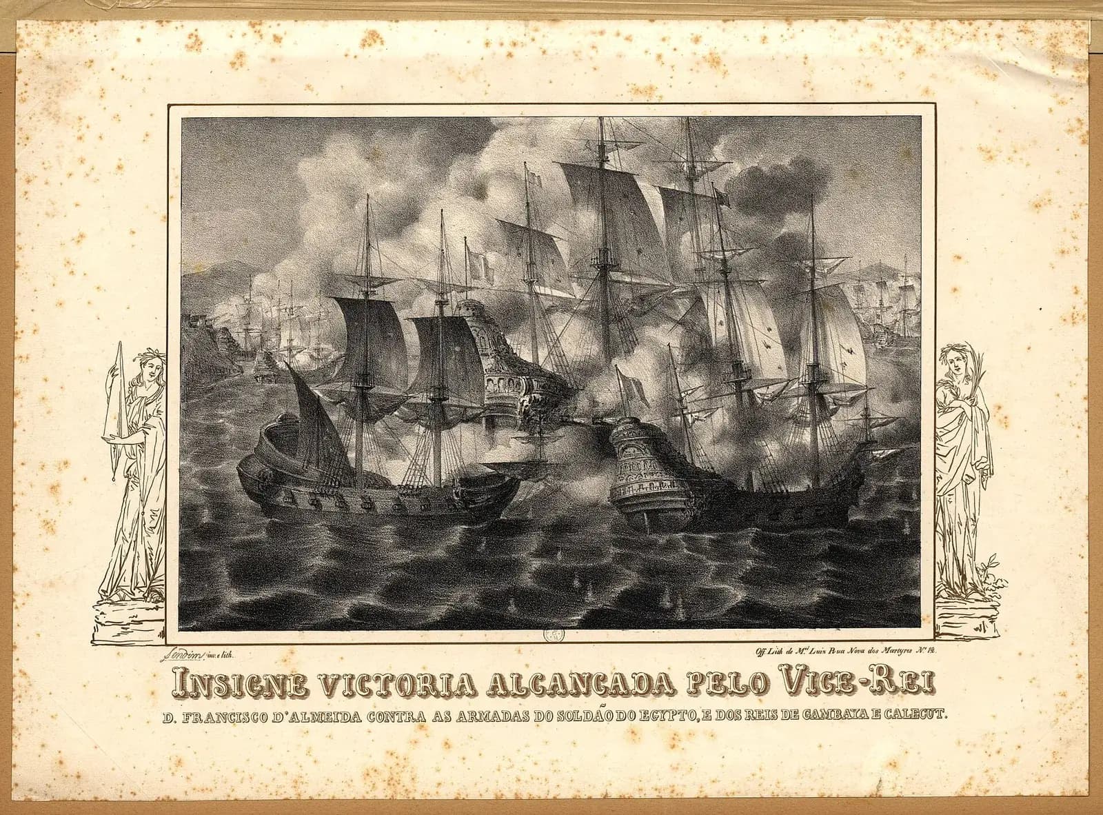 A black-and-white lithograph of a sea battle: tall sailing ships with high carved sterns fire at each other through clouds of gun smoke, with more ships and a hilly shore behind. Two classical female figures frame the scene, and a title runs along the bottom.