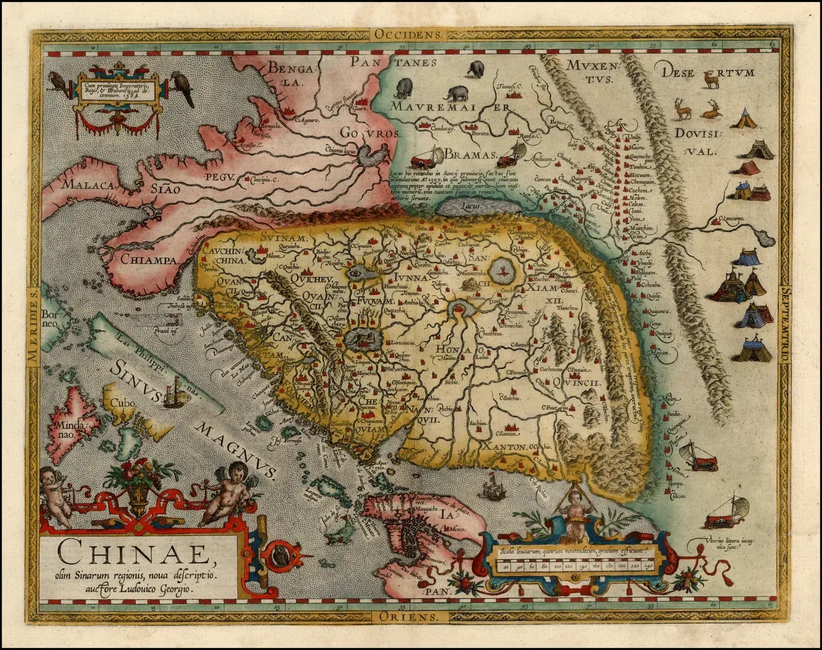 A hand-coloured printed map of China with west at the top. The Chinese provinces are shaded yellow and crossed by rivers and lakes, Bengal and Southeast Asia are pink at the top left, mountain ranges and nomad tents fill the right edge, and a decorated cartouche at the bottom left reads Chinae, olim Sinarum regionis, nova descriptio.