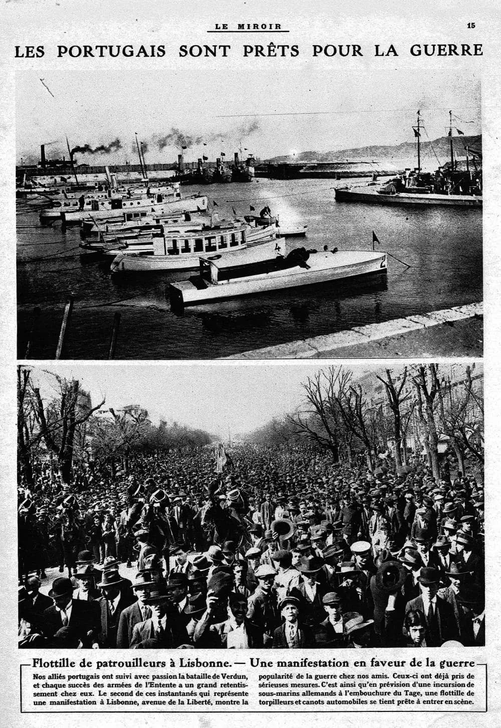 A French magazine page headed Les Portugais sont prêts pour la guerre, with a photograph of patrol boats moored in a harbour above a photograph of a huge crowd on a tree-lined avenue.