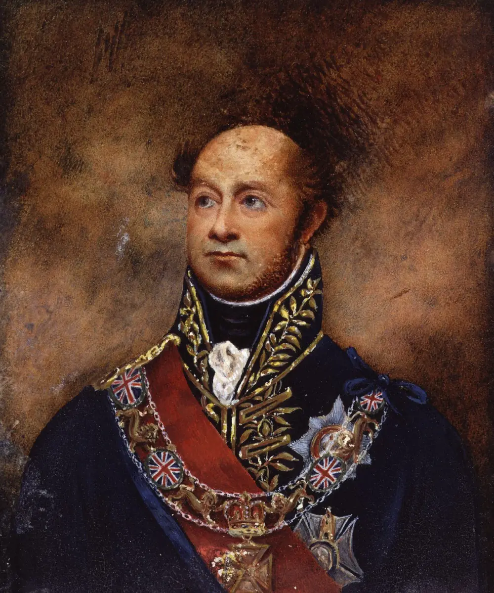 A head-and-shoulders portrait of a balding man with reddish side whiskers, in a dark coat with a high gold-embroidered collar, a red sash and a chain of orders across his chest, against a brown background.