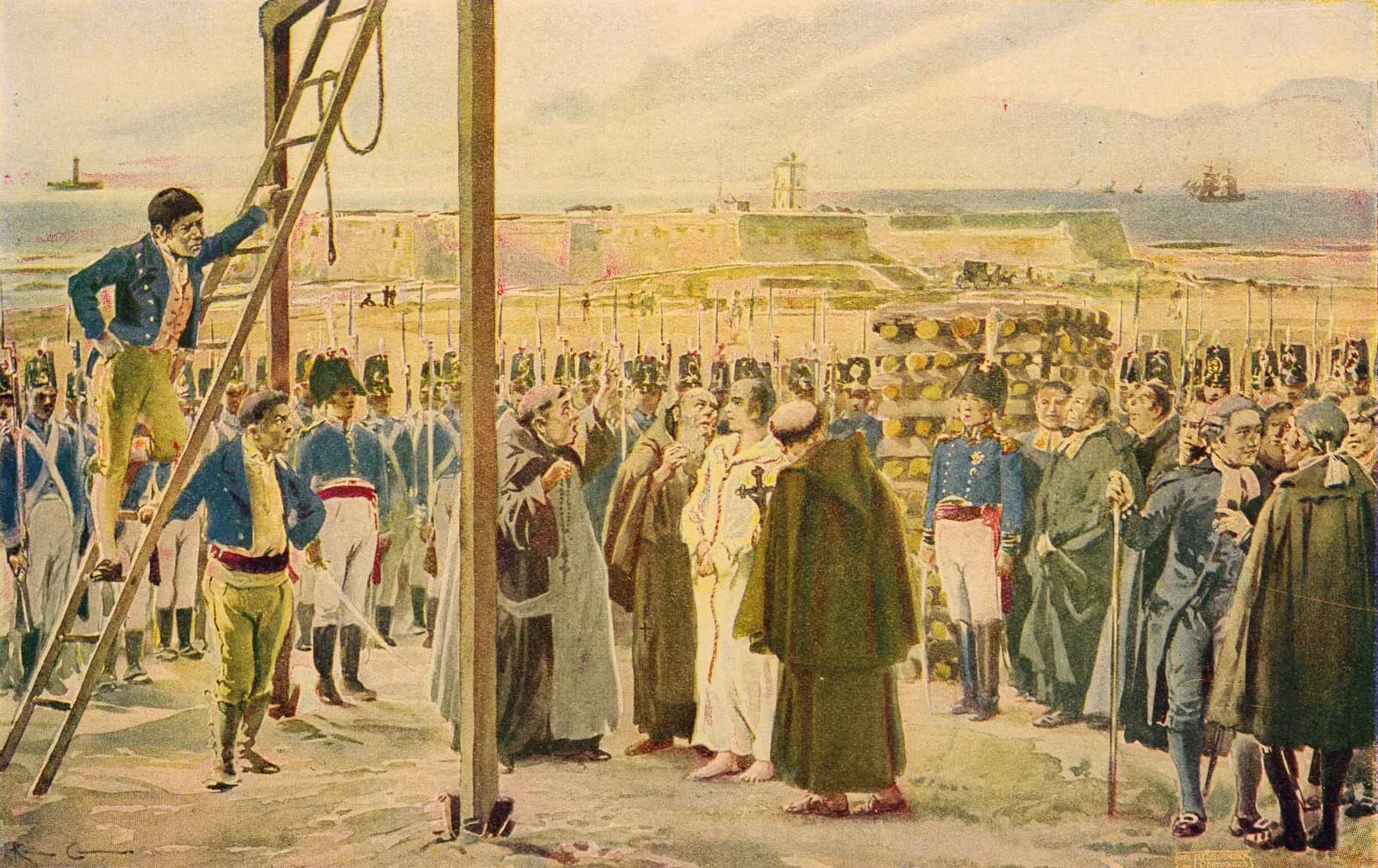 A watercolour of a gallows on open ground by the sea. A hangman stands on a ladder against the gallows while another man waits at its foot. To the right, a barefoot man in a long white robe stands among friars in brown habits and gentlemen in dark coats. Rows of soldiers in tall black hats stand behind them, beside a stack of firewood, with the walls of a fort, a tower and a sailing ship in the distance.