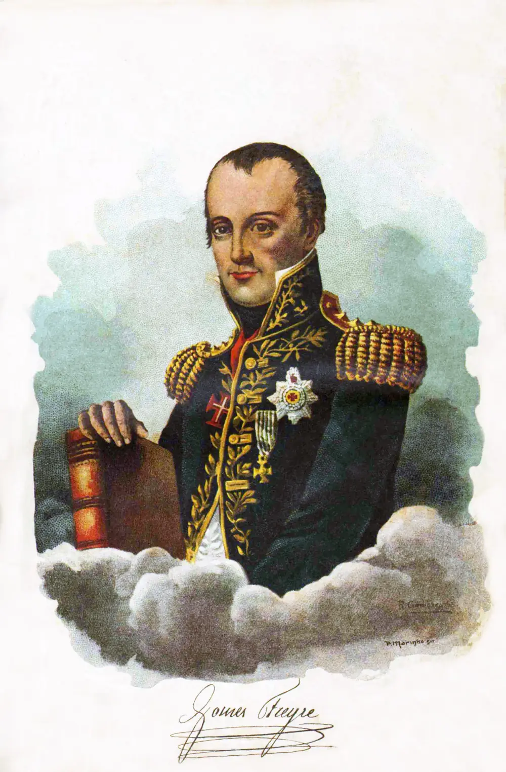 A colour portrait of a middle-aged man with short dark hair, wearing a dark blue general's coat thick with gold embroidery and gold epaulettes, with a red cross and a star on his chest. His right hand rests on a book, the figure rises from painted clouds, and a signature reading Gomes Freyre runs beneath.