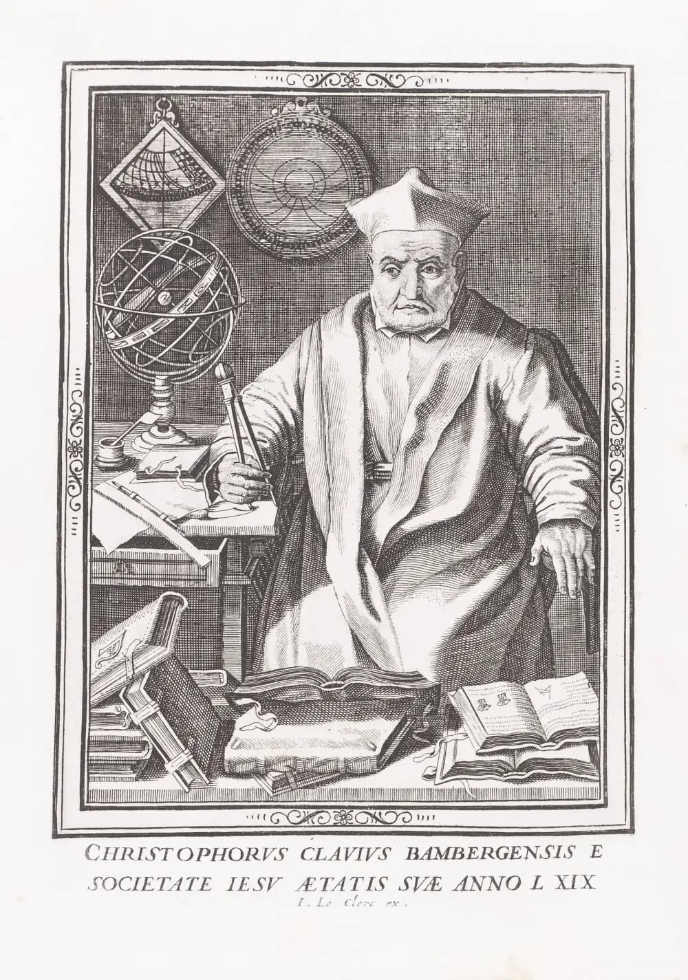 An engraved portrait of an elderly man in a Jesuit cap and gown, seated at a desk holding a pair of dividers. Around him are a ringed armillary model of the heavens, a sundial, an astrolabe hanging on the wall and open books. A Latin inscription runs below the picture.