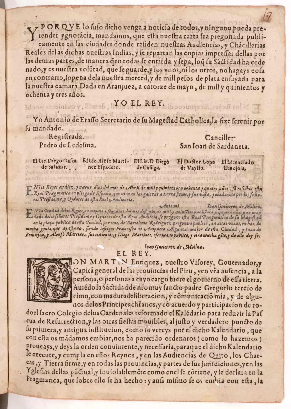 A printed page in old Spanish type. Near the top the text ends with a date at Aranjuez and the words Yo el Rey, followed by the names of officials. Two short paragraphs in italic type follow, then a new heading, El Rey, with a large decorated initial.