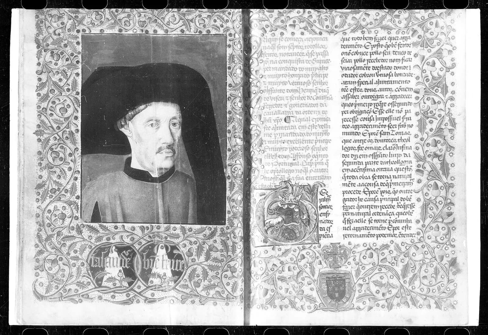 Black-and-white photograph of an open illuminated manuscript. On the left page, inside a decorated border, is a portrait of a man with a moustache wearing a large dark hat, with a motto in a band below. The right page has two columns of handwritten text and a coat of arms at the bottom.