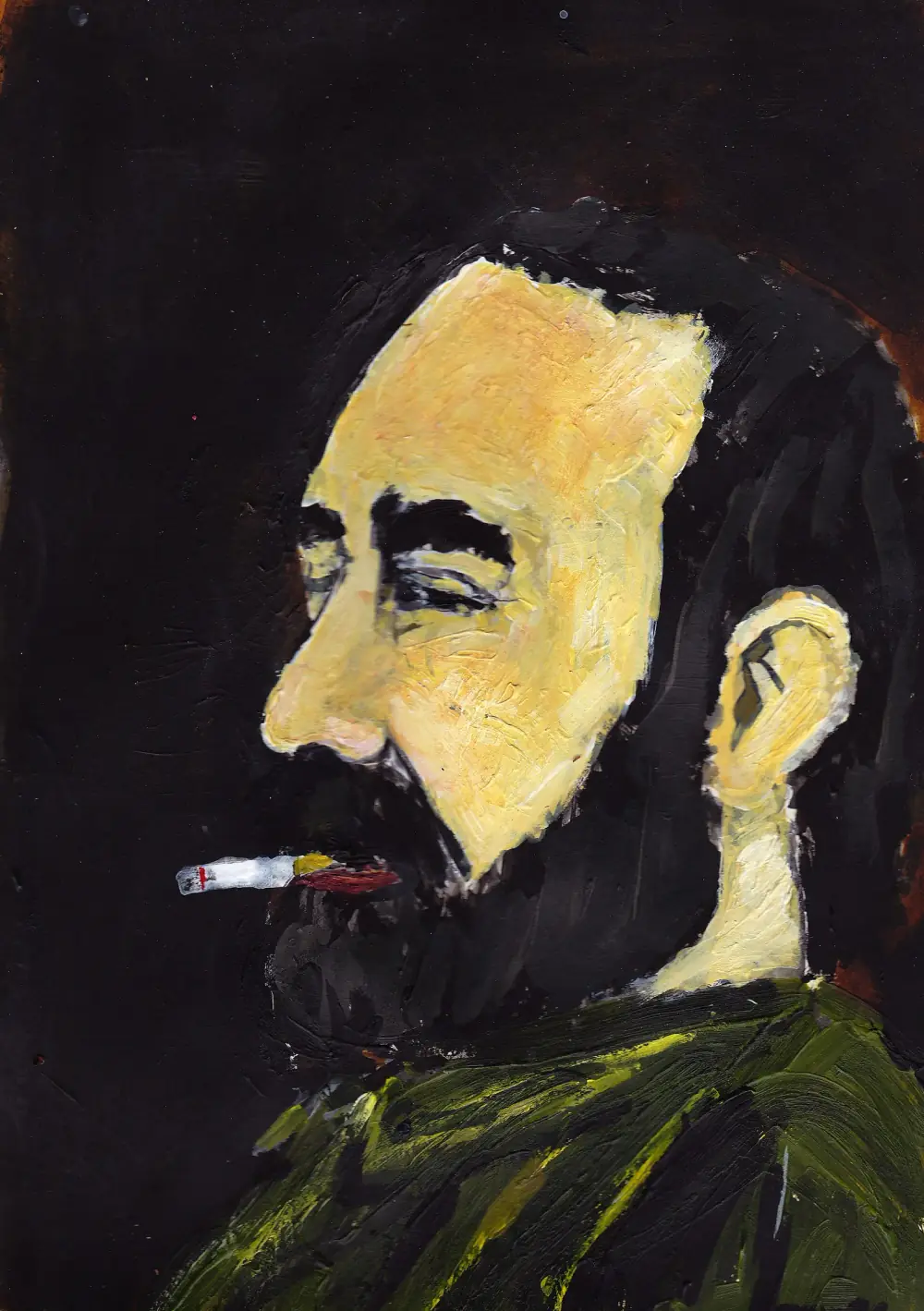 A painted portrait in thick strokes of a bearded man with dark hair, seen in profile against a black background. His face is pale yellow, his eyes half closed, a lit cigarette between his lips, and he wears a dark green shirt.