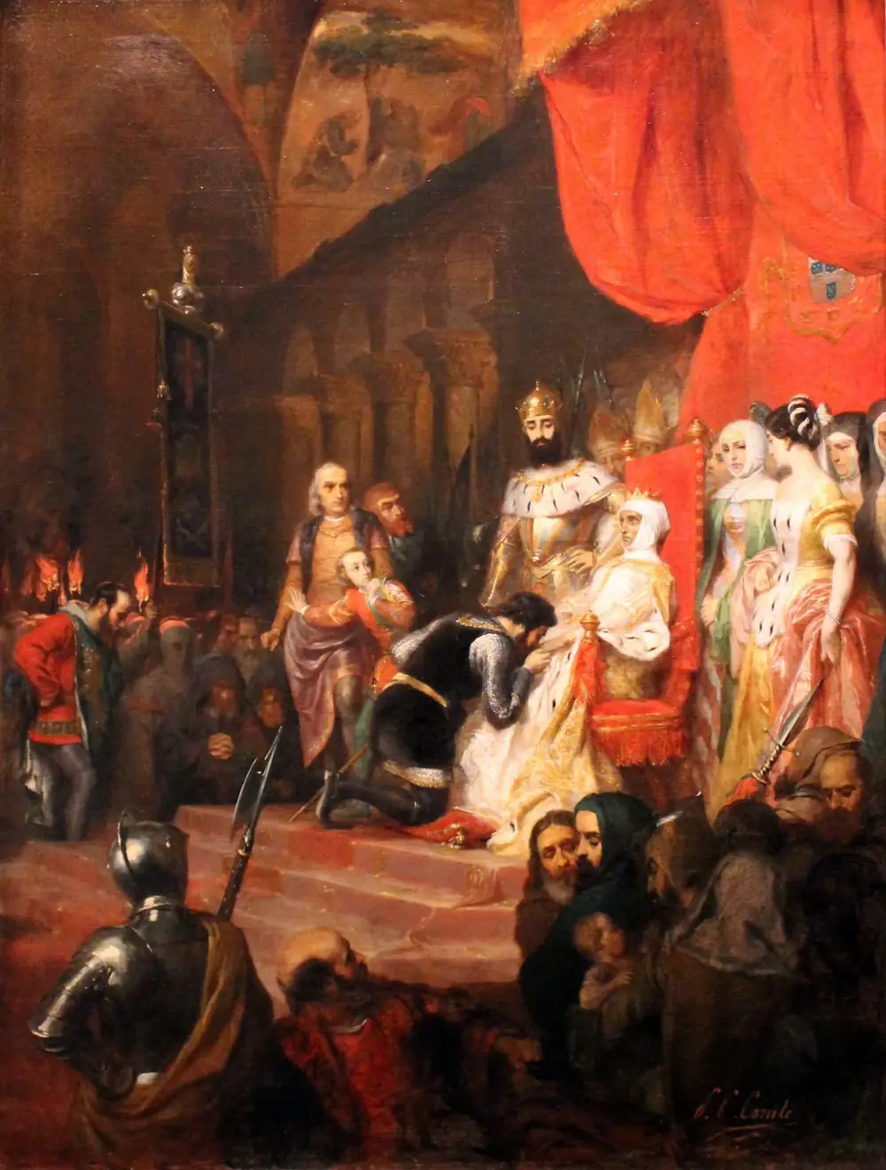An oil painting of a crowded church interior: a crowned dead woman in white sits on a throne under a red canopy while a crowned king stands beside her, a kneeling knight kisses her hand and courtiers, nuns and townspeople look on.