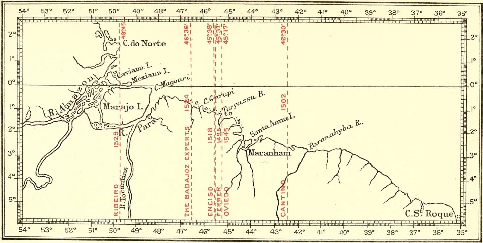 A lithographed chart of the north coast of Brazil from the Amazon delta to Cape São Roque, crossed by vertical red dashed lines each labelled with a name, a year and a longitude.