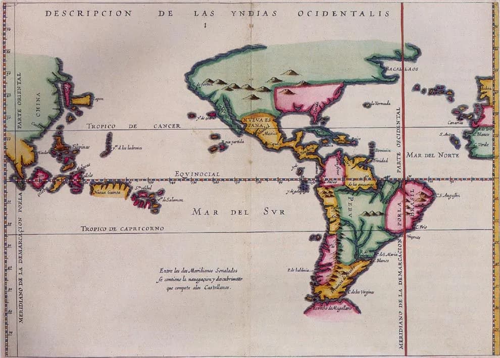 A hand-coloured early map of the Americas and the Pacific between two vertical lines labelled Meridiano de la demarcacion: a red one cutting through eastern Brazil, the other along the left edge beside China and the islands of South-East Asia.