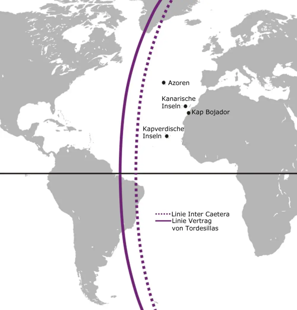 A modern grey world map of the Atlantic with two curved purple lines running from north to south: a dotted one closer to Africa and a solid one further west that crosses the eastern tip of South America. Labels in German mark the Azores, Canary Islands, Cape Bojador and Cape Verde islands.