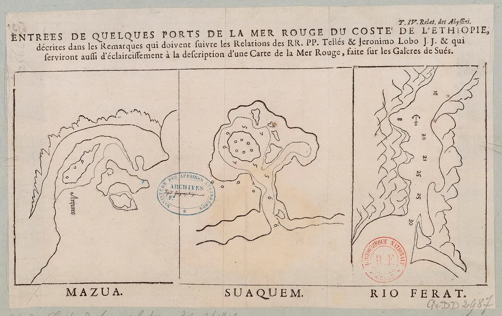 Three simple engraved harbour plans side by side under a French heading, labelled Mazua, Suaquem and Rio Ferat, showing coastlines, islands, anchorages and depth soundings.