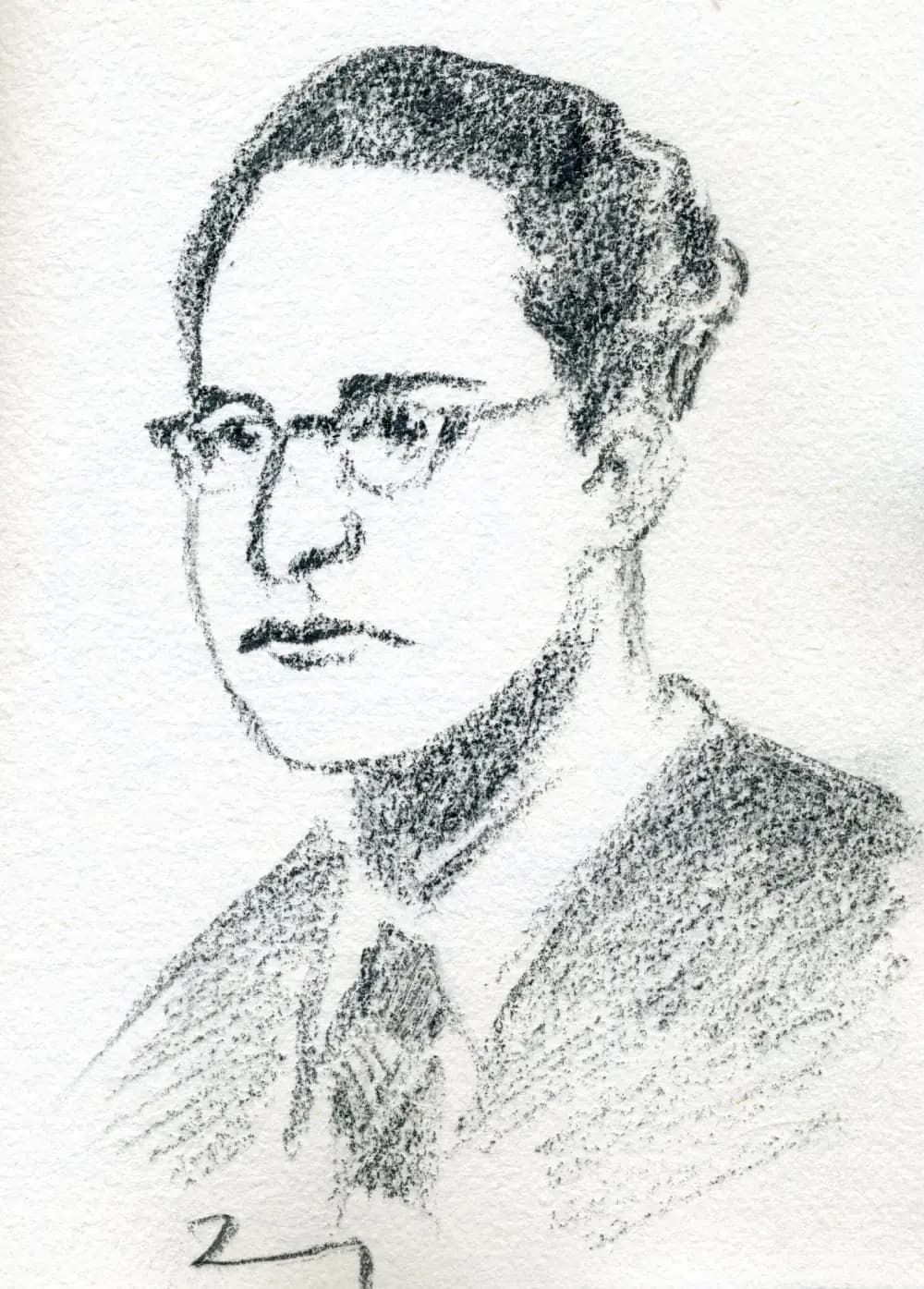 A grainy black-and-white drawing of a young man with dark wavy hair swept back, thick-rimmed glasses and a serious expression, wearing a jacket and tie.