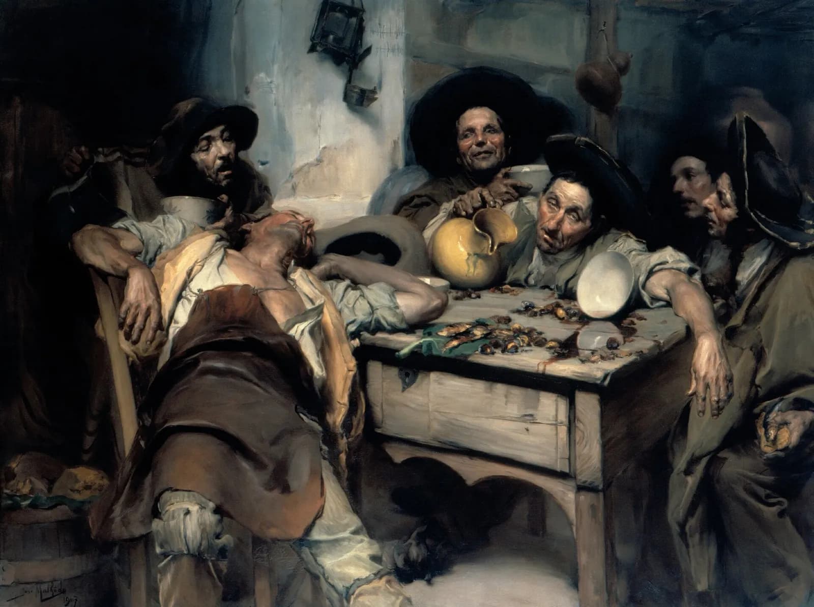 Oil painting of six men in a dim country tavern. One sprawls asleep in a chair with his head thrown back, another slumps over a wooden table strewn with chestnuts and a spilt white bowl, and a man in a wide black hat grins over a yellow jug.