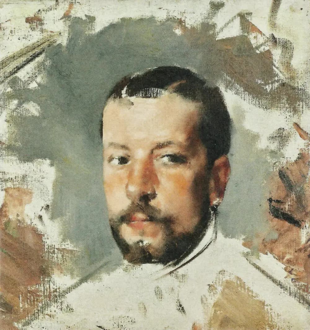 An unfinished oil sketch of a young man's head: short dark hair, a short dark beard and moustache, steady eyes, painted in warm flesh tones against loosely brushed grey and white, with bare canvas around the edges.