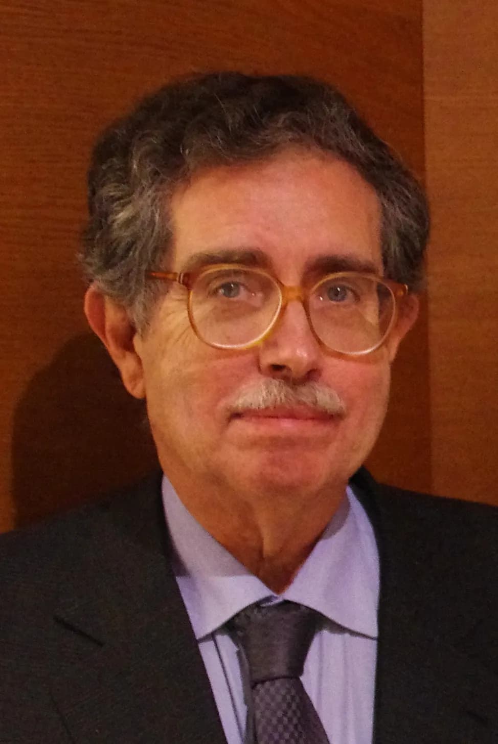 Head-and-shoulders portrait of a grey-haired man with large glasses and a moustache, wearing a dark suit, pale blue shirt and patterned tie, in front of a warm brown wall.