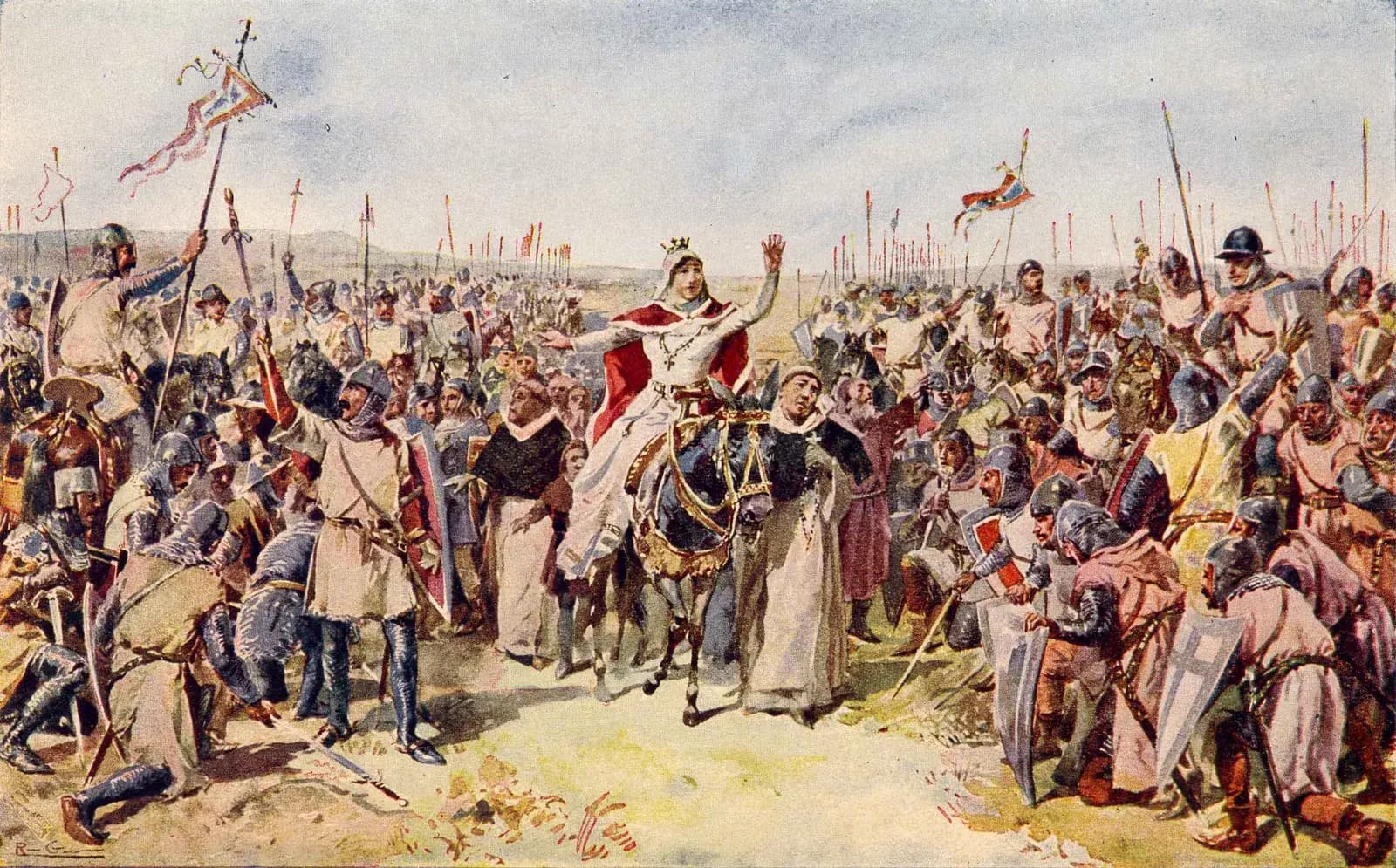 A painting of a crowned woman in white and red riding a mule into the middle of two armies of mailed soldiers with spears, banners and shields, her arms raised; two friars walk beside her and some soldiers kneel.