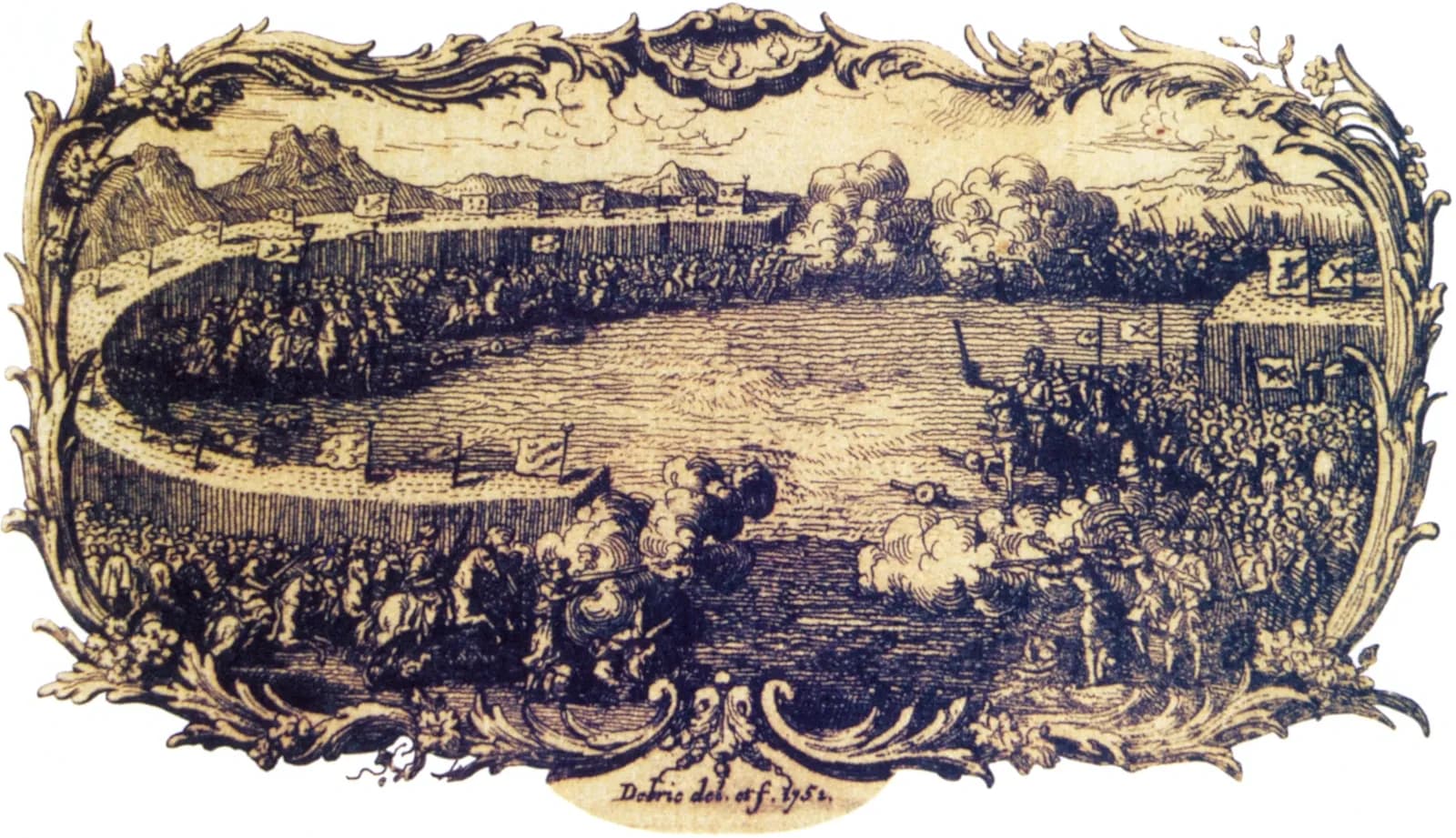 An engraving in an ornate rococo frame: a long crescent of horsemen with pennants curves across a plain towards a dense block of soldiers with flags on the right, where a rider raises a sword. Gun smoke drifts across the field, with mountains behind.