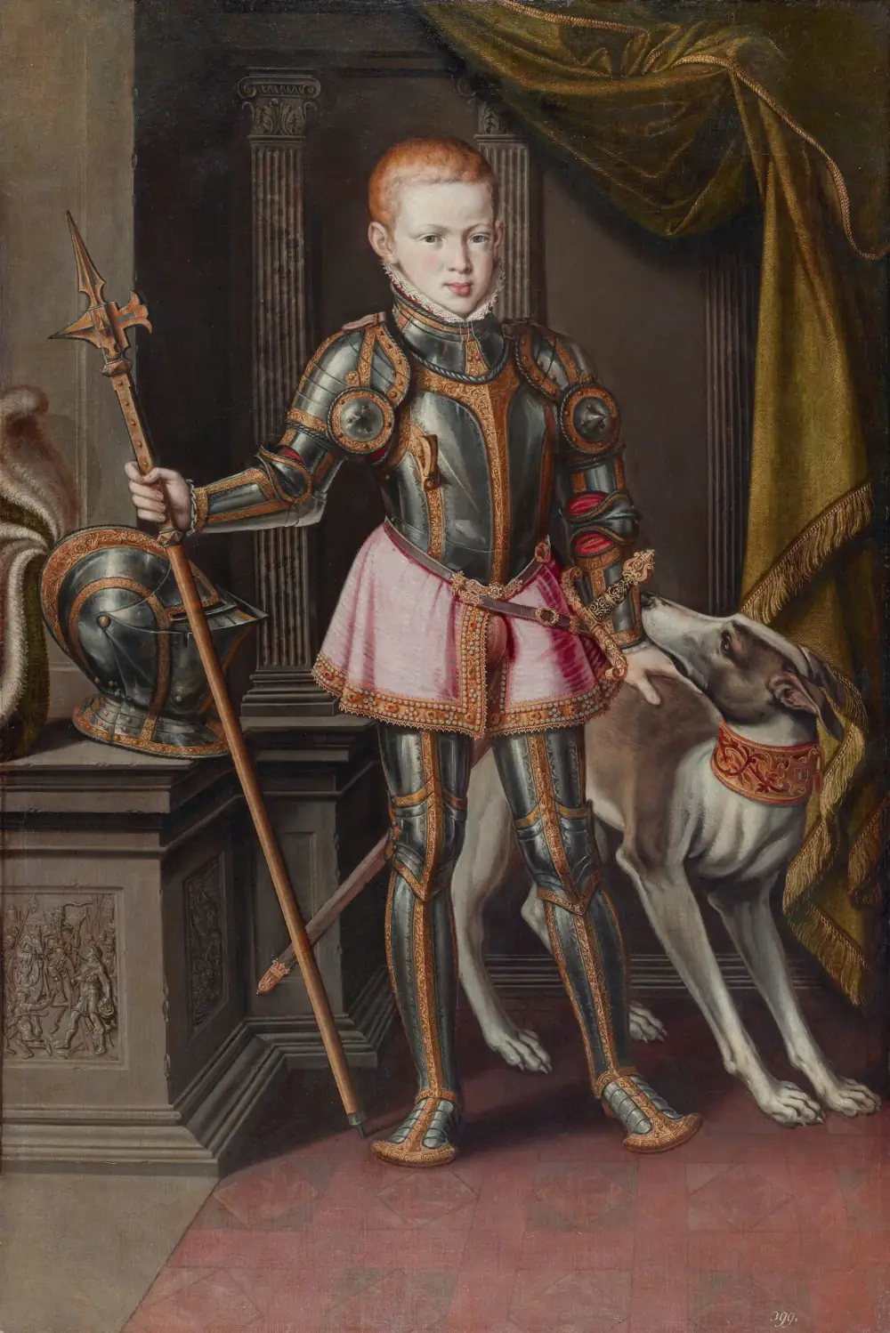 Full-length portrait of a red-haired boy in gilded armour and a pink skirt, holding a halberd, with a helmet on a pedestal beside him and a large hound at his side.